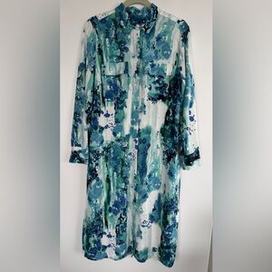 Chico's Blue and Green Abstract Long Sleeve Maxi Dress, Size 2